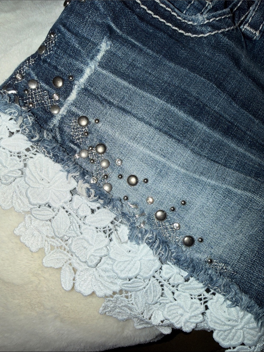 Miss Me Blue Distressed Denim shorts with Lace Hem - Picture 3 of 4